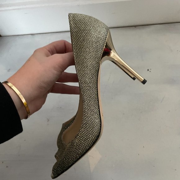 Jimmy Choo Peep Toe Pumps Sz 36.5 Gold Glitter High Stiletto Heels - Picture 7 of 11